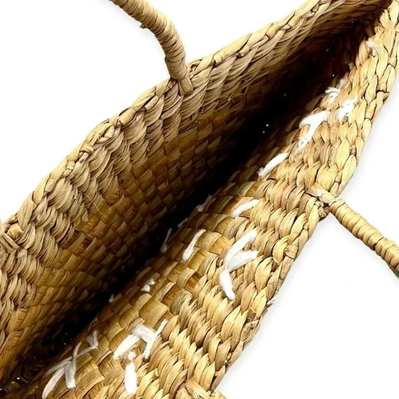 NEW Large Straw Floral Embroidered Coastal Tote Bag - Picture 2 of 4